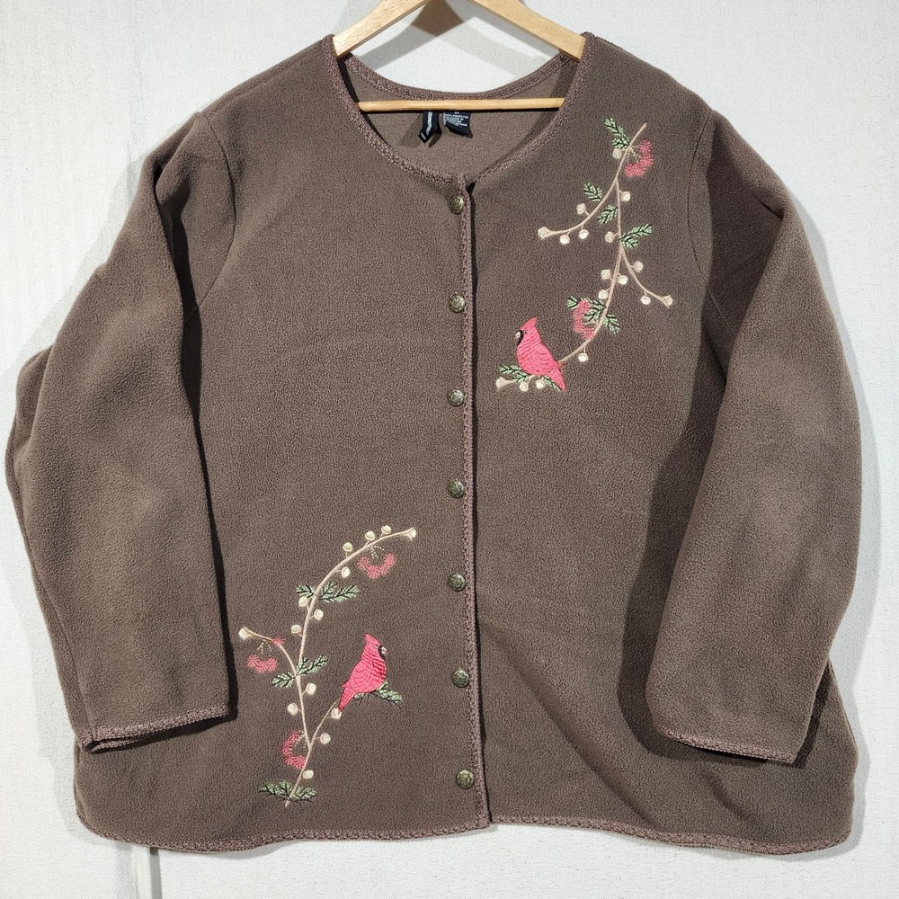 Jason Maxwell Brown Fleece Cardinal Embroidered Button Cardigan Jacket Women 3X